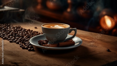 Close-up of a cup of fresh macchiato coffee with cinnamon sticks and smokey coffee beans as decoration on a brown wooden table.