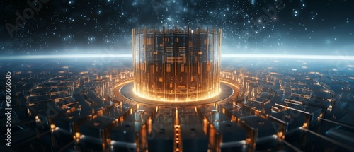 An abstract image of a futuristic computer processor, representing quantum computing.