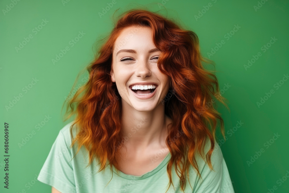 A young beautiful girl with red curly hair and a snow-white smile laughs in green T-shirt on bright green plain background. Human emotions, joy, laughter, happiness A young beautiful girl with red curly hair and a snow-white smile laughs in green T-shirt on bright green plain background. Human emotions, joy, laughter, happiness