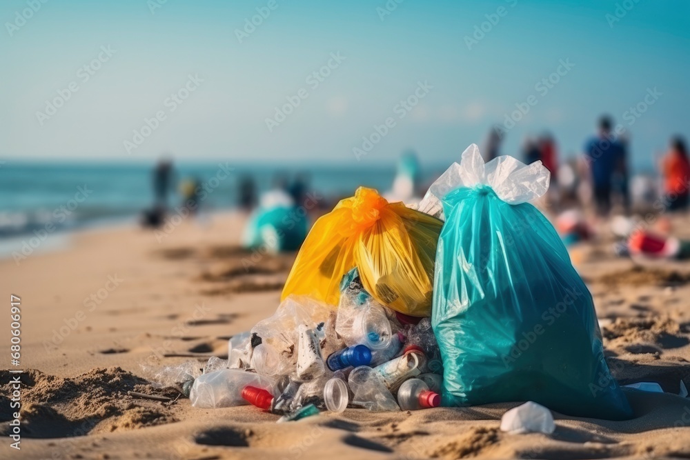 Garbage bags on the sandy beach. Ecological problem, pollution, plastic garbage, bottles, bags, trash on the beach, in ocean. Volunteer people collecting garbage on the seashore Garbage bags on the sandy beach. Ecological problem, pollution, plastic garbage, bottles, bags, trash on the beach, in ocean. Volunteer people collecting garbage on the seashore