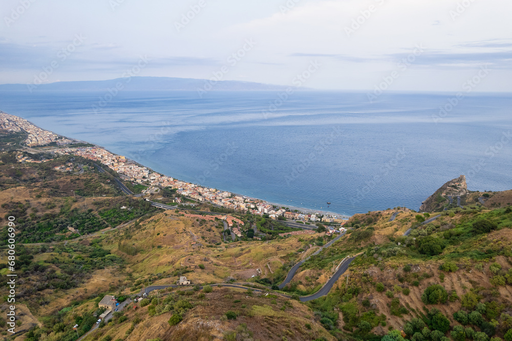 Aerial view of beautiful sicilian coasts from Taormina, Sicily, Italy