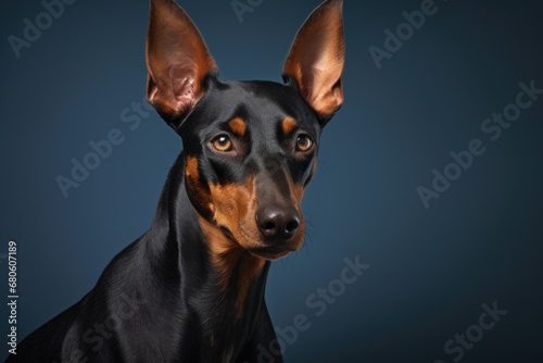 A close-up photograph of a dog on a vibrant blue background. This image is perfect for various uses, including pet-related articles, social media posts, and advertising campaigns