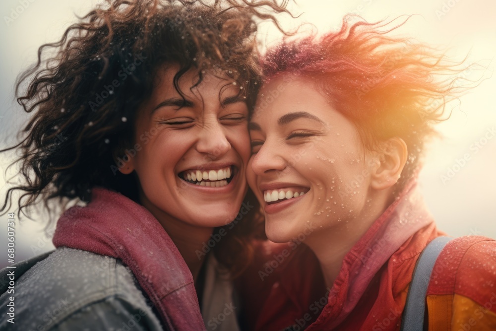 A picture of two women standing side by side. This image can be used to represent friendship, teamwork, or diversity in various contexts