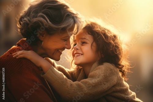 An older woman and a young girl embracing each other. This heartwarming image captures the bond between generations. Perfect for illustrating family love and connection. 