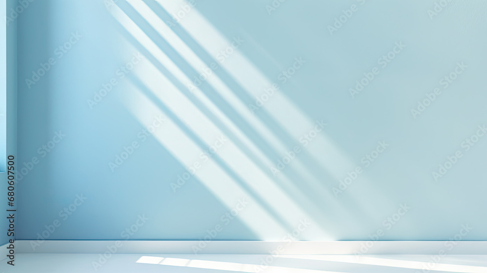 Abstract minimal empty blue and white 3d room background. Blue Modern Studio showcase with copy space. Mock up scene with natural window shadows, dappled light overlay effect. blue empty room Abstract minimal empty blue and white 3d room background. Blue Modern Studio showcase with copy space. Mock up scene with natural window shadows, dappled light overlay effect. blue empty room