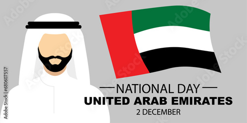 United Arab Emirates flag National day banner Spirit of the union logo. 49th anniversary Celebration Card with silhouette Arab man in the Kandura, UAE flag.