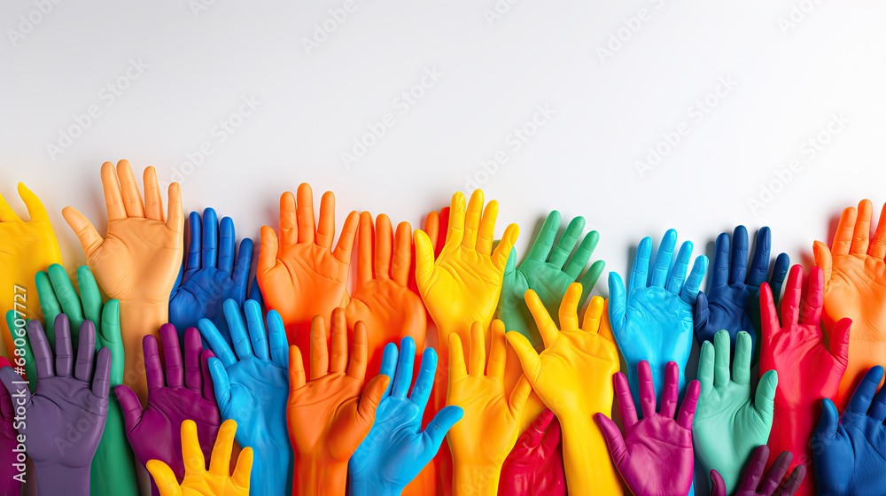 colorful hands raised up, diverse color hands on white background, copy space background - obrazy, fototapety, plakaty 