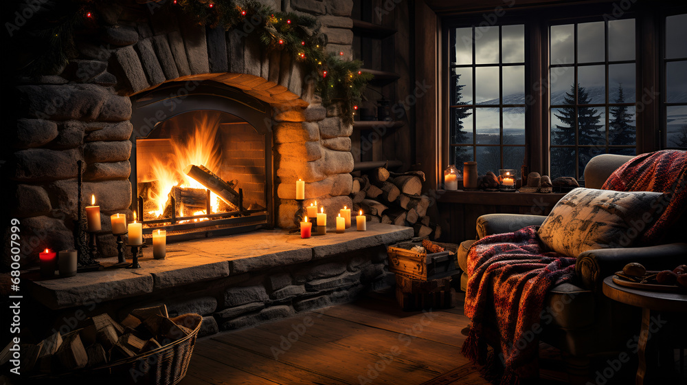 Fireplace with Candles in a Cozy Room Fireplace with Candles in a Cozy Room
