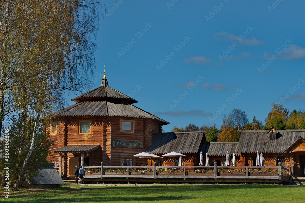 Moscow oblast. Russia. September 27, 2023. The unique architecture of the Orthodox wooden complex at the holy spring Gremyachy Klyuch. Moscow oblast. Russia. September 27, 2023. The unique architecture of the Orthodox wooden complex at the holy spring Gremyachy Klyuch.