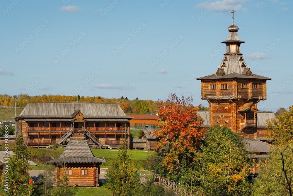 Moscow oblast. Russia. September 27, 2023. The unique architecture of the Orthodox wooden complex at the holy spring Gremyachy Klyuch.
