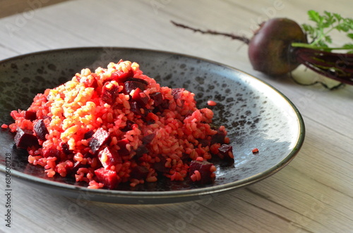 preparation of bulgur meal with beetroot, healthy diet food background