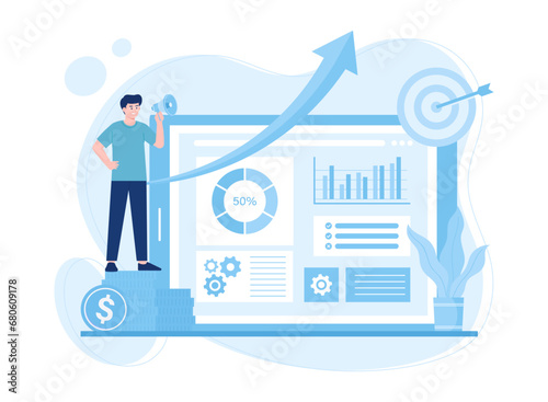 Men do the work and analyze the data themselves concept flat illustration