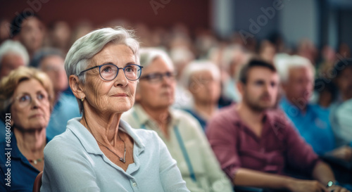 Elderly woman, dressed in casual clothes and wearing glasses, attending a lecture or seminar at a university or at an indoor meeting.. photo