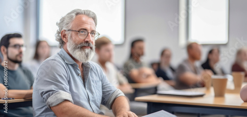 A bearded older man in casual clothes and glasses at a university lecture or seminar., photo