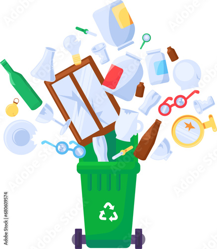Old unwanted broken glass bottles fall into open trash bin. Heap of crockery and broken items. Glass pollution problem. Cartoon vector isolated on white background