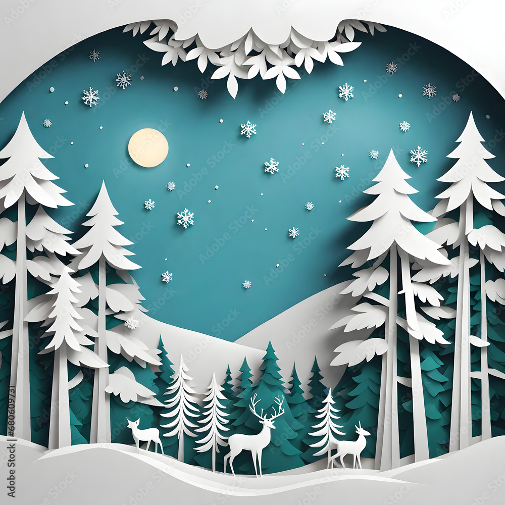 Winter fir tree forest covered with snow in paper cut style as christmas and new year background.