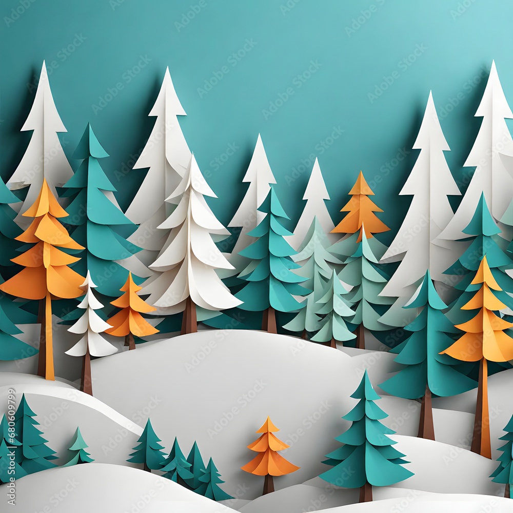 Obraz premium Winter fir tree forest covered with snow in paper cut style as christmas and new year background.