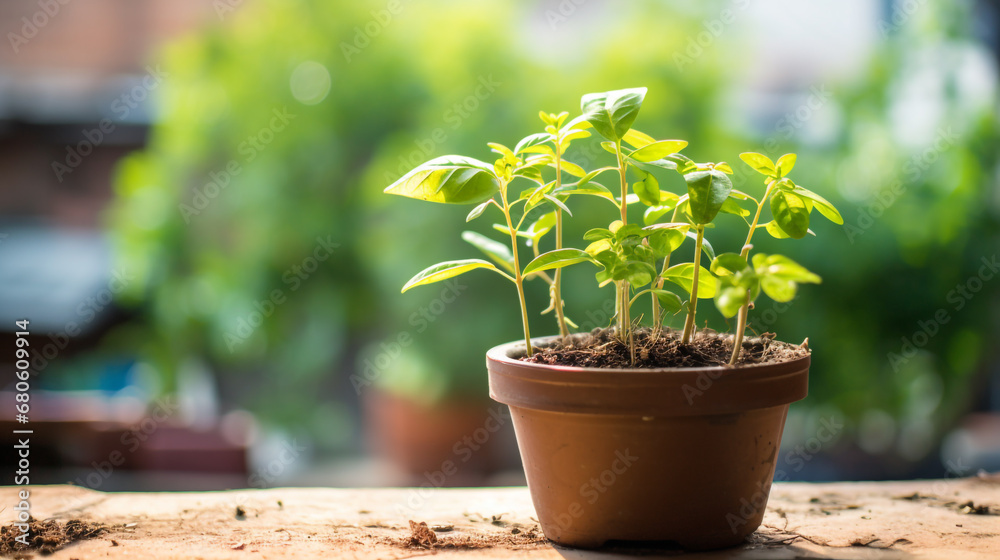 Plant pot growing some new plants on a terrace Plant pot growing some new plants on a terrace