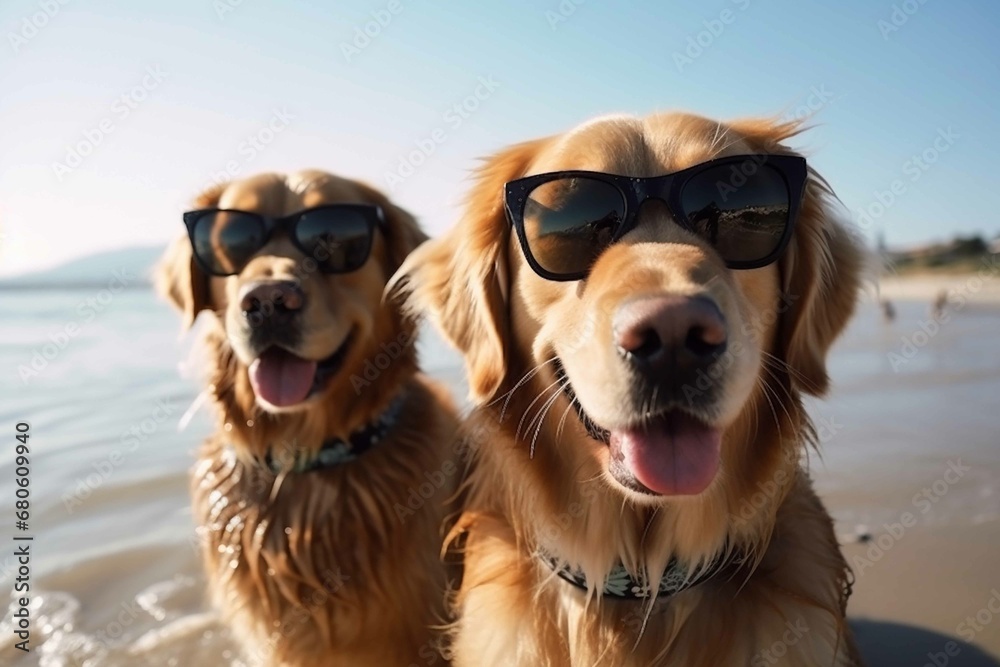 Dogs wearing sunglasses are taking selfies on a beach in the background, Golden Retriever