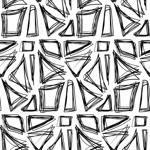 Grunge figures seamless pattern with hand drawn triangles and squares. Ornament for printing on fabric, cover and packaging. Simple black and white vector ornament isolated on white background