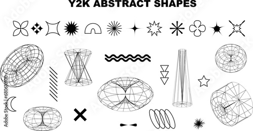 Set of abstract aesthetic geometric y2k elements and wireframe shapes. Black and white retro line design elements on a white background. Vector illustration for social networks or posters.