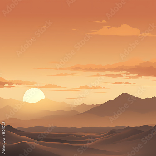 muted tones depicting a tranquil sunset over a desert landscape