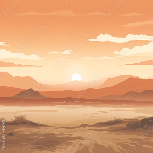 muted tones depicting a tranquil sunset over a desert landscape