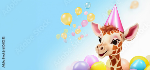 A happy baby giraffe with party cone hat on blue background with pastel balloons   free copy space  birthday concept