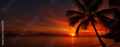Beautiful Sunset Over a Tropical Island with Palm Trees and Ocean View. Tropical Tranquility,