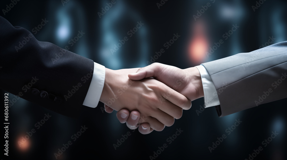 Business handshake with communicate with people, two gentlemen handshaking after close the deal, trusted partnership of business, finance and investment background