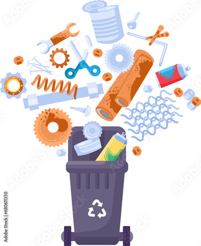 Old unwanted rusty iron Items fall into open trash bin. Heap of old rusty broken metal industry things. Metal pollution problem. Cartoon vector isolated on white background
