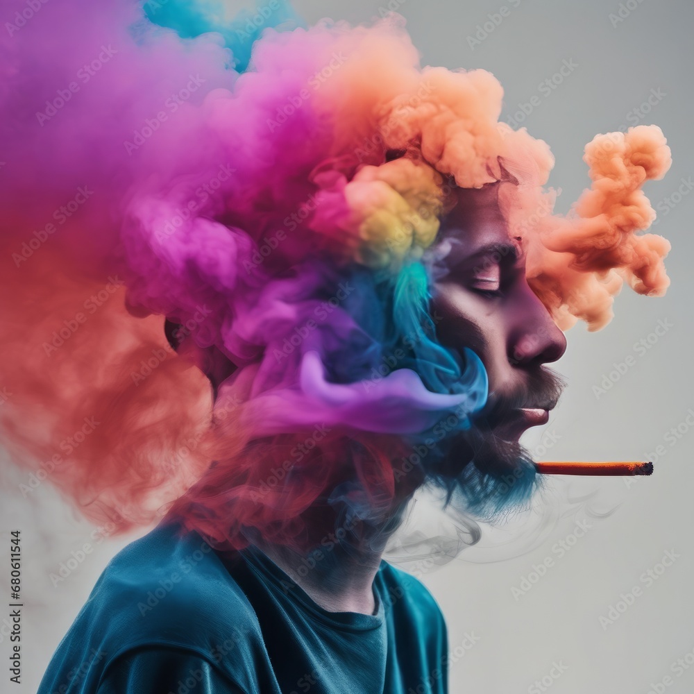portrait of young man with colorful smoke an electronic cigarette portrait of young man with colorful smoke an electronic cigarette young man in studio. colored smoke in the studio.