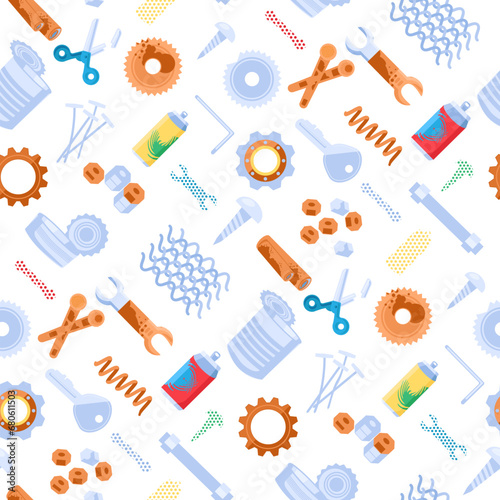 Unwanted metal rusty objects separation seamless pattern with gear, sheet, scissors, cut, pipes, wrench, nail, razor. Ornate for printing on fabric, wrapping and packaging. Vector isolated on white