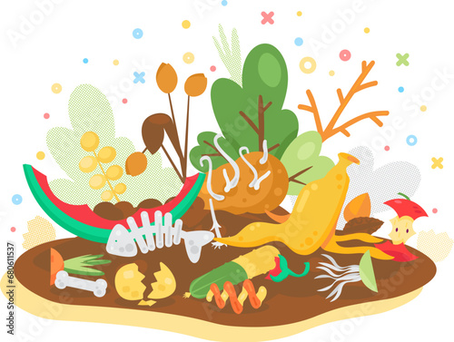 Old unwanted garbage heap with organic waste. Heap of vegetables, fruits and compost. Organic pollution problem. Cartoon vector isolated on white background
