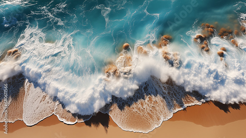 Aerial view of sea and rocks  ocean blue waves crashing on shore