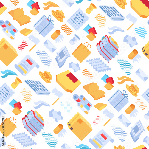 Unwanted paper and carton items seamless pattern with paper, cellulose, package, crumpled journal, newspaper stack. Ornate for printing on fabric, wrapping and packaging. Vector isolated on white