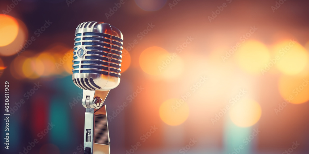 custom made wallpaper toronto digitalConcept bannner card for party, event with mic karaoke. Stylish old retro microphone on colored background with bokeh
