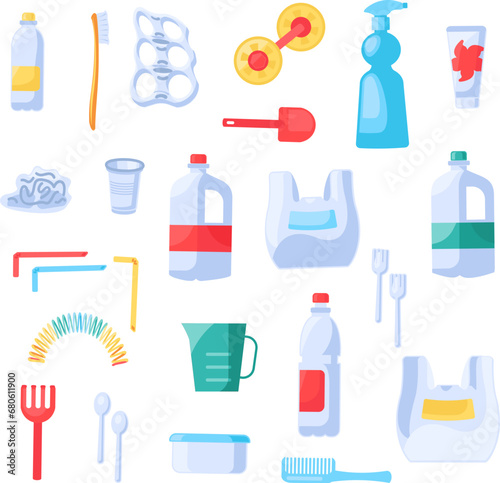 Collection of Unwanted Plastic Objects. Items out of use and subject to disposal. Recycling of Plastic and polyethylene industrial products. Cartoon vector isolated on white background