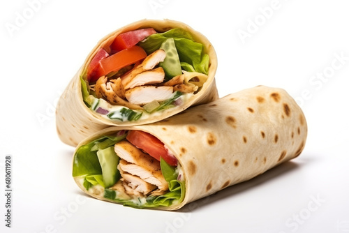 Shawarma or Doner with chicken roll on isolated white background. Turkish Fast Food.