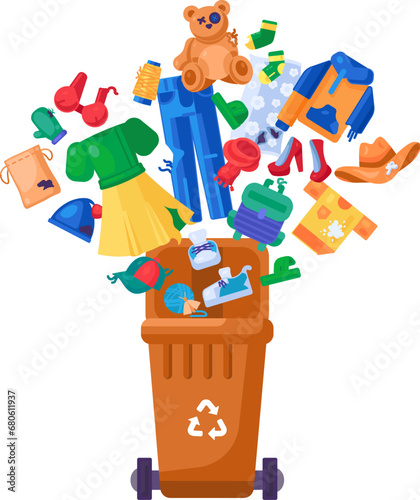 Old unwanted Textile Products fall into open trash bin. Heap of old clothing, toys and fabric scraps. Textile pollution problem. Cartoon vector isolated on white background