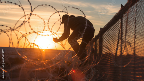 Illegal border crossing by migrant over fence between Mexico and United States, sunset light photo
