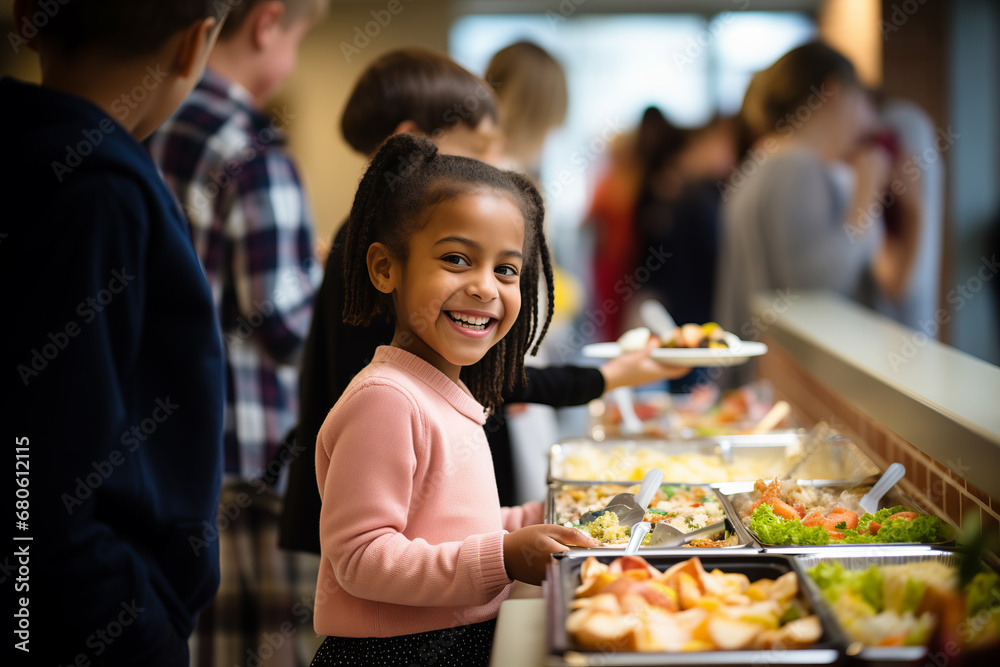 Happy child girl and other kids at buffet of cafeteria in elementary school or hotel
