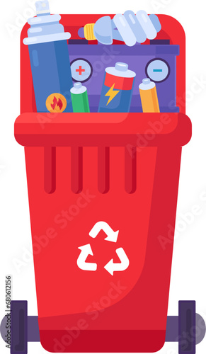 Open lid fulled container for storing, recycling and sorting used household hazardous waste. Red transportable trash bin for combustible and flammable items. Cartoon isolated vector