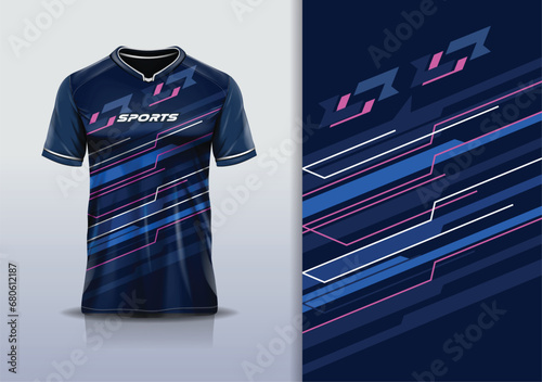 T-shirt mockup with abstract stripe line sport jersey design for football, soccer, racing, esports, running, in blue color