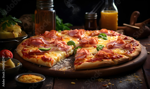 Delicious Hawaiian Pizza with Sliced Ham and Pineapple photo