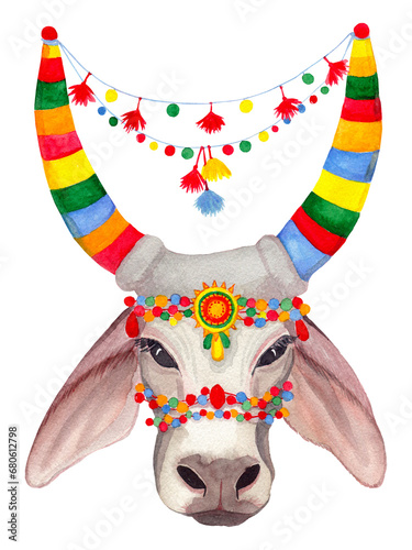 Indian Traditional holy Cow. Pongal. Watercolor hand drawn art illustration on white background. For cards, handmade textiles, prints, menus, poster photo