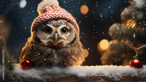 An owl wearing christmas cap in winter on the branch of tree