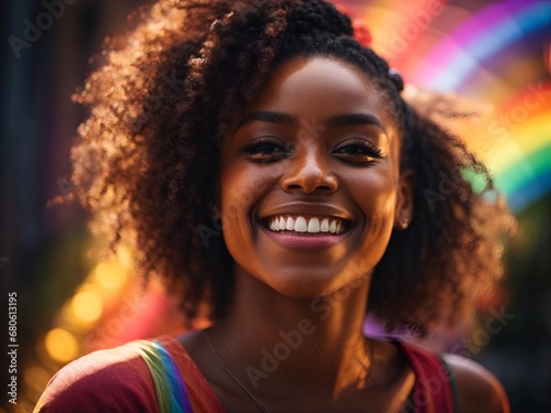 A photograph featuring a joyful African American woman, her vibrant spirit radiating through a genuine smile illuminated by rainbow light. 