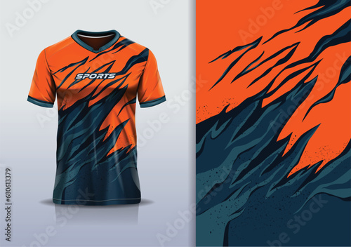 T-shirt mockup with abstract grunge sport jersey design for football, soccer, racing, esports, running, in orange color