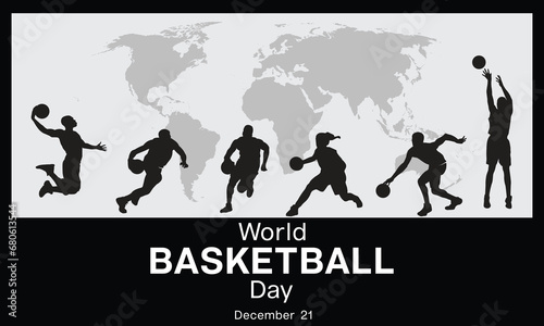World Basketball Day design concept with silhouette of basketball player on a world map. Vector illustration